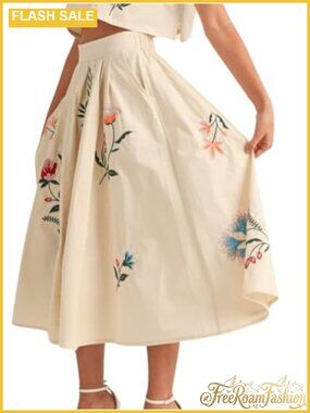 Embroidered High Waist A-Line Maxi Long Skirt with Pockets